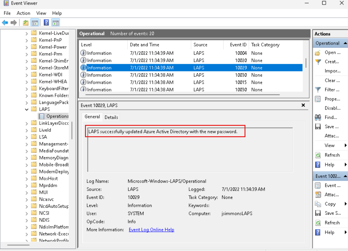 Screenshot del registro eventi e di un messaggio del registro eventi di aggiornamento della password di Microsoft Entra riuscito.