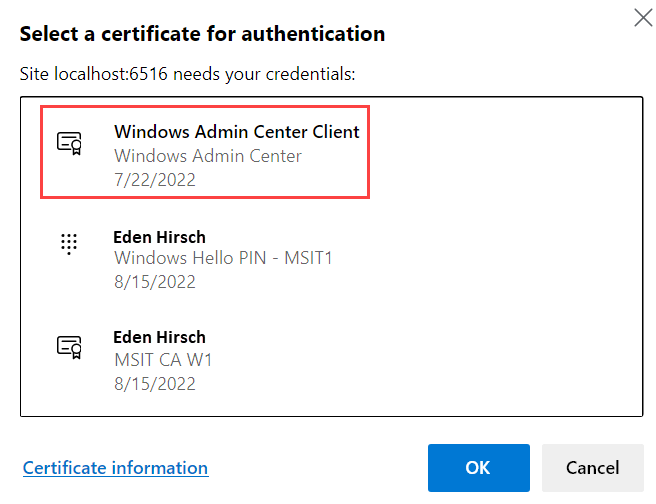 Screenshot of the prompt showing options to select a certificate.
