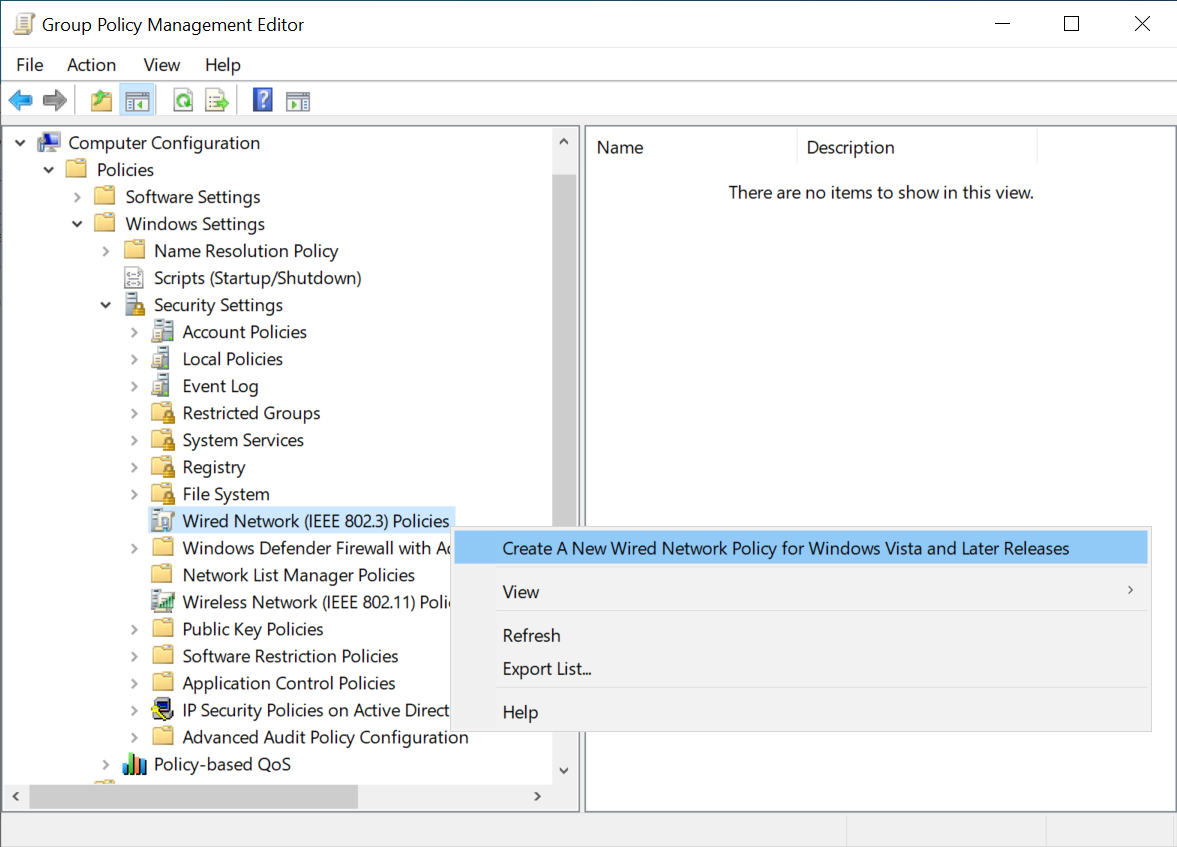 screenshot che mostra l'opzione Crea un nuovo criterio di rete cablata per Windows Vista e versioni successive in Editor Gestione Criteri di gruppo.