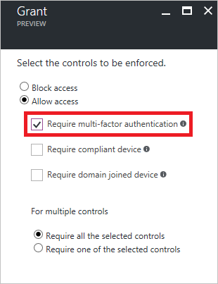 Screenshot dei controlli dei criteri di concessione che mostra l'opzione Richiedi autenticazione a più fattori evidenziata come parte dell'impostazione dei criteri.
