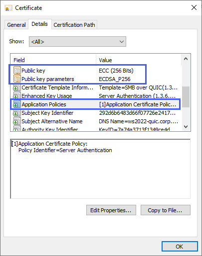 Certificate settings under the Detail tab showing Public key value of ECC (256 bits), public key parameters ECDSA-P256 and Application policies 1 application Certificate Policy 