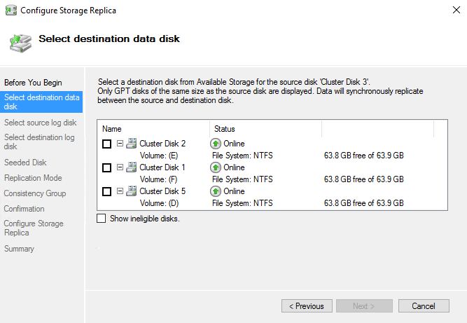 Screen showing the Select destination disk page of the Configure Storage Replica wizard