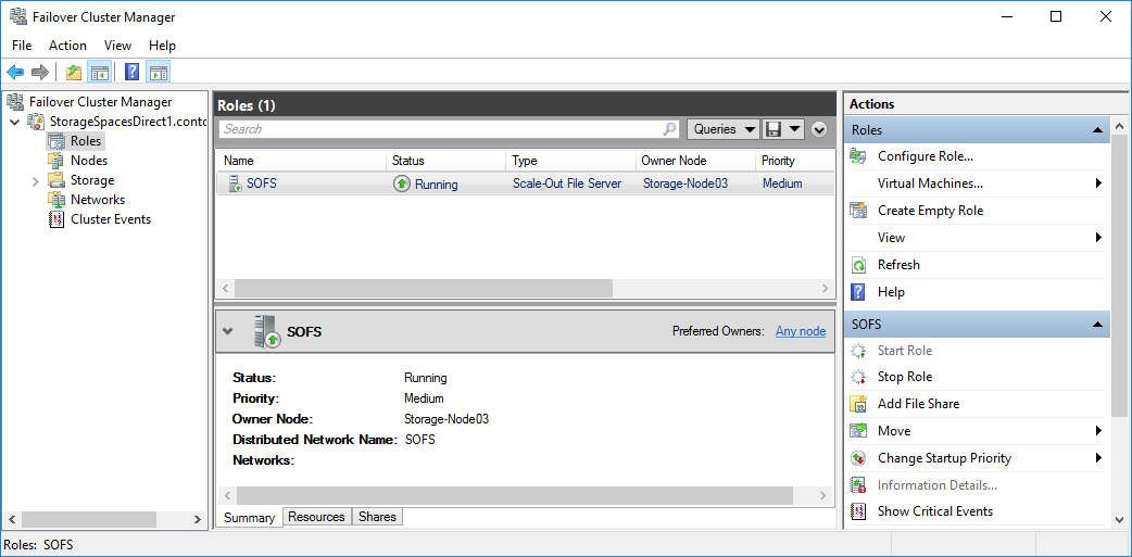 Screenshot di Gestione cluster di failover che mostra il file server di scalabilità orizzontale