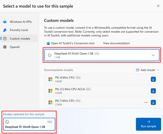 Modello personalizzato selezionato e pronto per l'uso in AI Dev Gallery