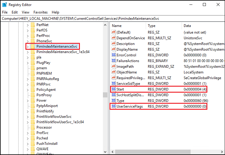 Screenshot del Registro di sistema Editor aperto per HKEY_LOCAL_MACHINE\System\CurrentControlSet\Services\PimIndexMaintenanceSvc evidenziando l'opzione UserServiceFlag impostata su 0.