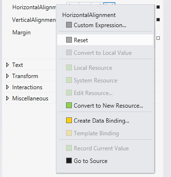 Opzione di menu Reimpostazione proprietà di Visual Studio