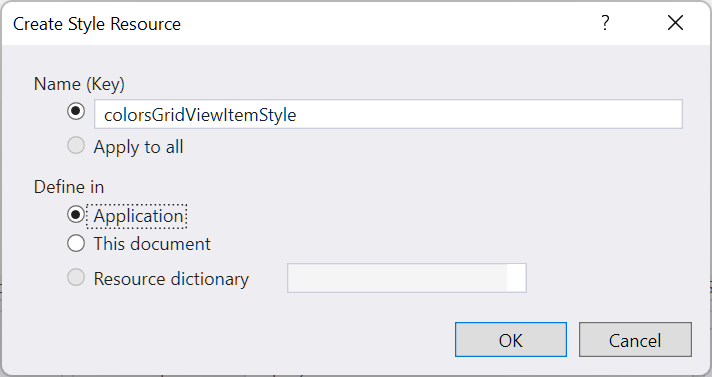 Finestra di dialogo Crea risorsa stile di Visual Studio