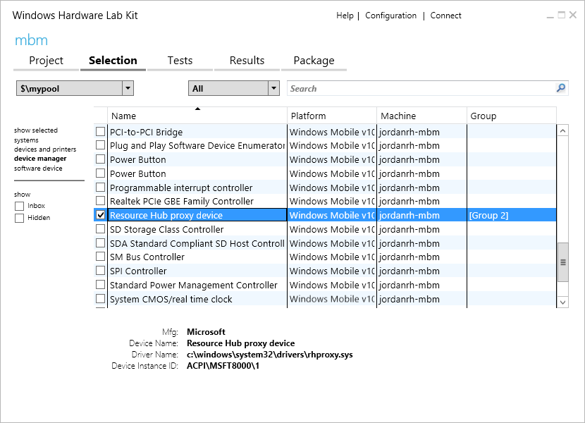 Schermata di Windows Hardware Lab Kit che mostra la scheda Selezione con l'opzione del dispositivo proxy di Resource Hub selezionata.
