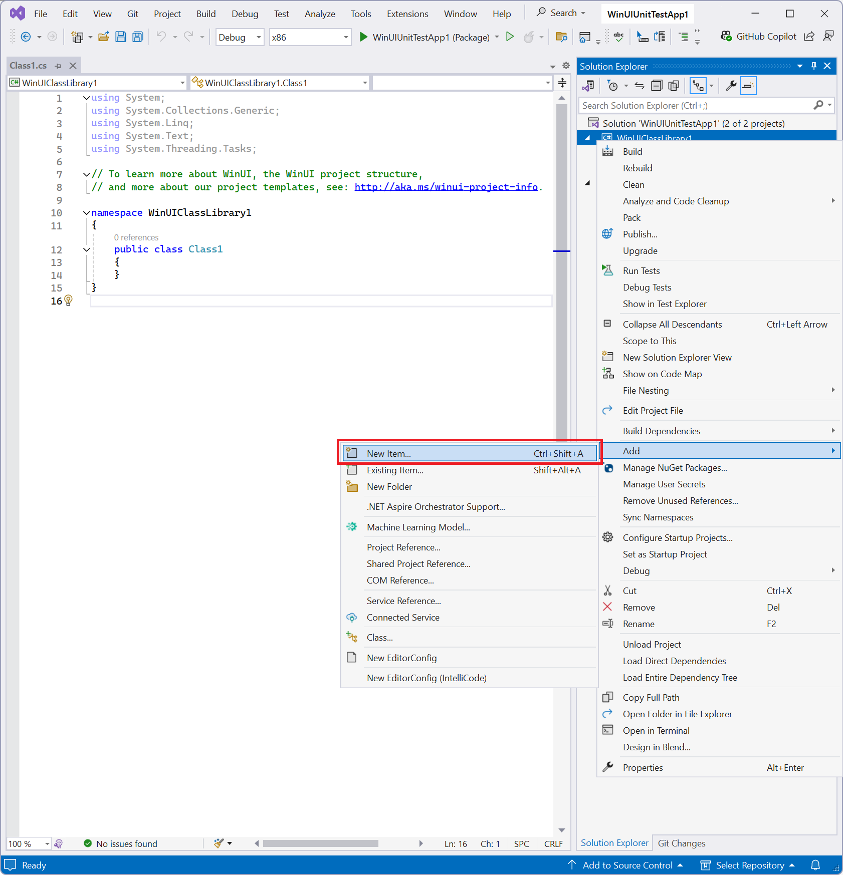 Screenshot del menu di scelta rapida della soluzione con Aggiungi/Nuovo Elemento evidenziato in Visual Studio.