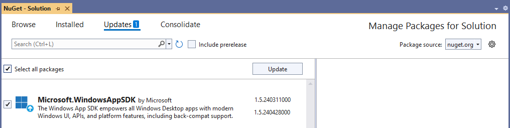 Screenshot della finestra Gestione pacchetti NuGet in Visual Studio che mostra un aggiornamento del pacchetto Windows App SDK.