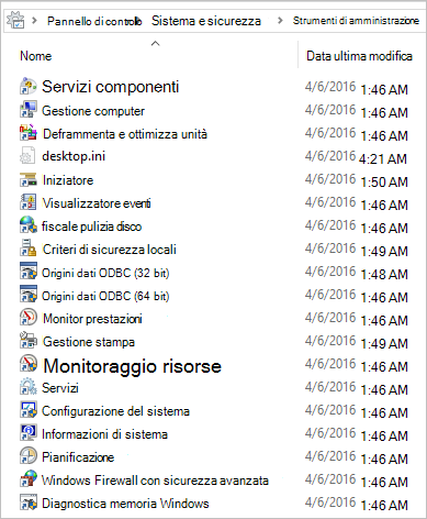 Screenshot del contenuto della cartella Strumenti di amministrazione di Windows 10.