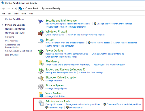 Screenshot del Pannello di controllo di Windows 10, con la cartella Strumenti di amministrazione evidenziata.