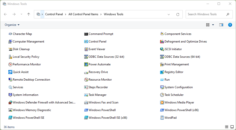 Screenshot del contenuto della cartella Strumenti di Windows in Windows 11.