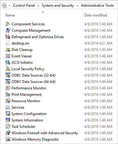 Screenshot del contenuto della cartella Strumenti di amministrazione di Windows 10.