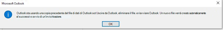 Screenshot della finestra di dialogo di Outlook sulla versione obsoleta del file ost.