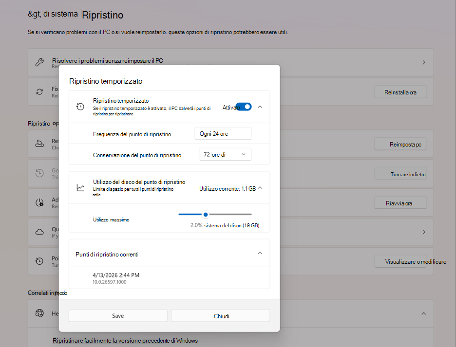 Screenshot che mostra le configurazioni predefinite per il ripristino temporizzato in Impostazioni di ripristino del sistema.