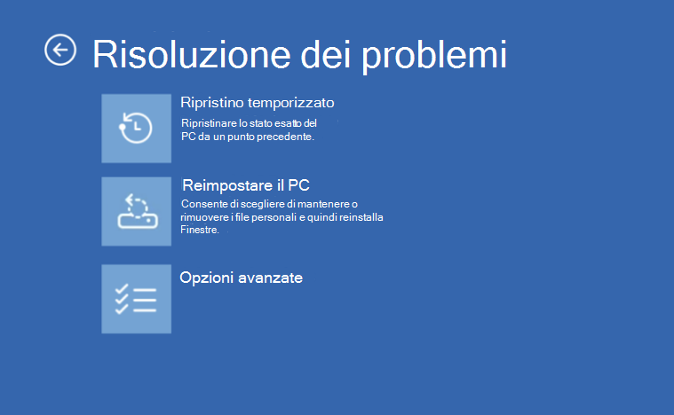 Screenshot della schermata blu dell'ambiente di ripristino di Windows, che elenca l'opzione di ripristino temporizzato, tra gli altri.