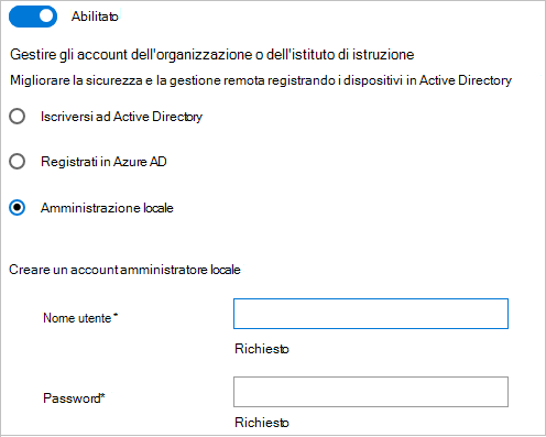 In Configurazione di Windows Designer aggiungere Active Directory, Microsoft Entra ID o creare un account amministratore locale.