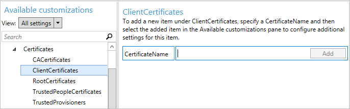 In Configurazione di Windows Designer selezionare ClientCertificates.