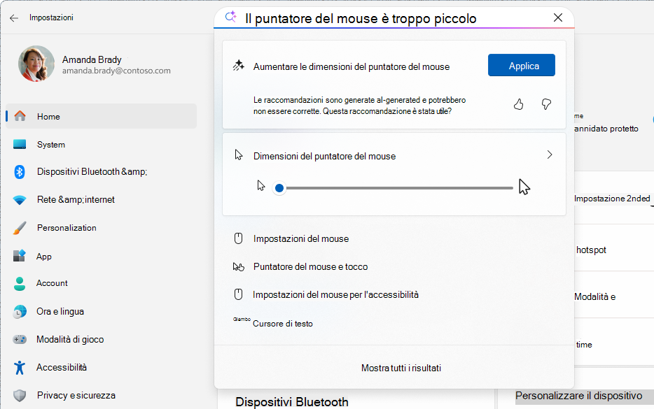 Screenshot di Impostazioni che mostra l'agente di ricerca con una ricerca di esempio.