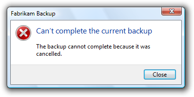 screenshot del messaggio: non è possibile completare il backup 