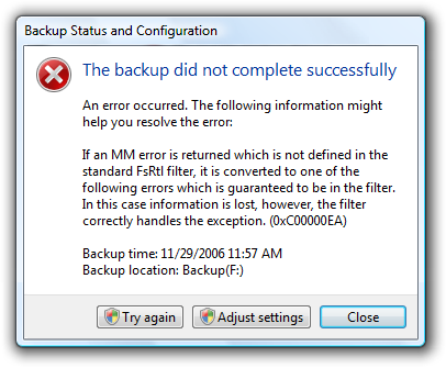 schermata del messaggio di errore: backup non completato 