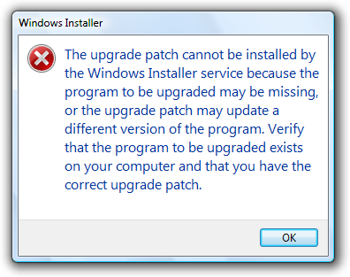 schermata del messaggio: l'aggiornamento non può essere installato 