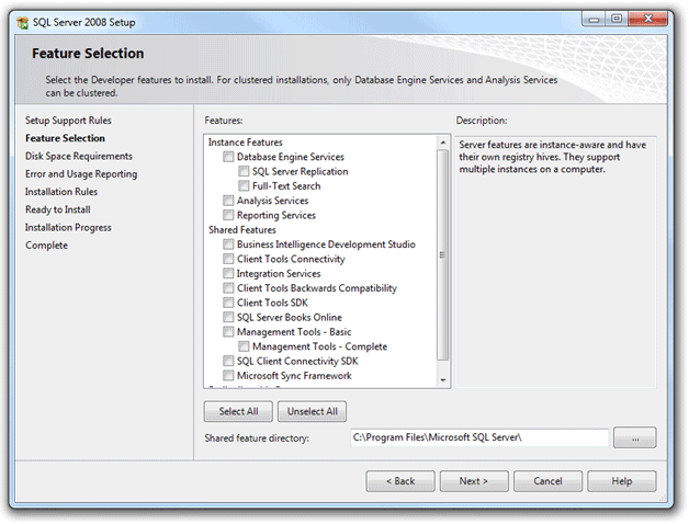 Screenshot che mostra la pagina 'SQL Server Setup' wizard 'Feature Selection'.