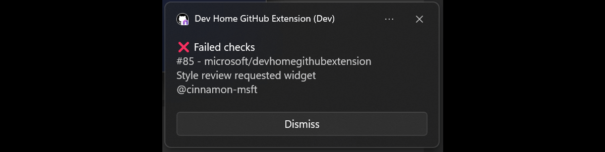 Screenshot della notifica di Windows relativa all'errore di controllo basato sull'estensione GitHub di Dev Home