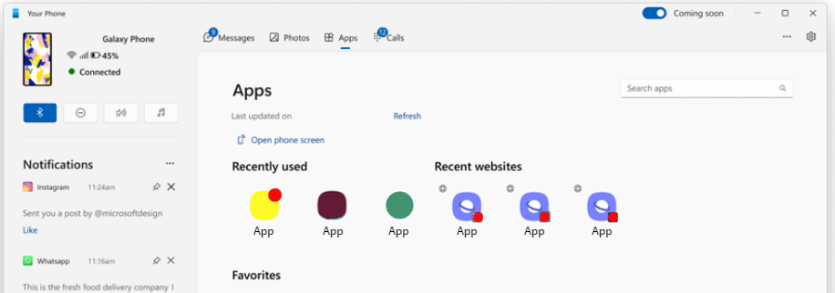 Screenshot Phone Link delle app e dei siti Web usati di recente