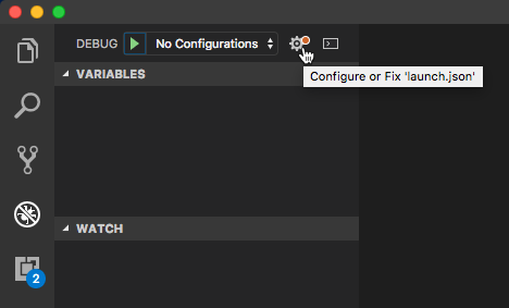 Finestra di debug di VS Code e icona di configurazione di launch.json