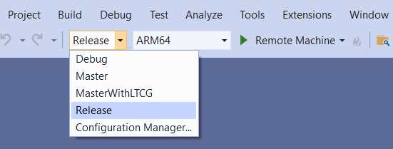 Screenshot che mostra le opzioni di compilazione in Visual Studio