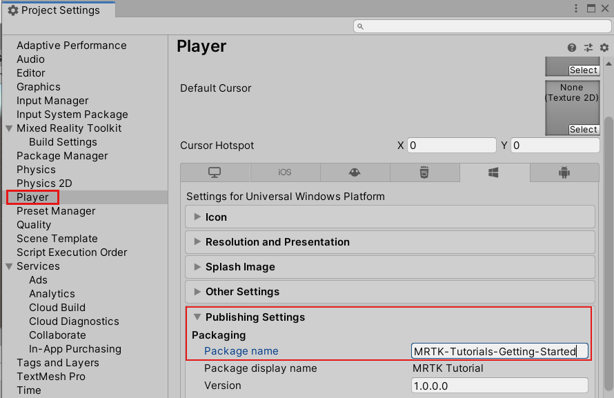 Screenshot di Publishing Settings per Unity con la casella del nome del pacchetto compilata.