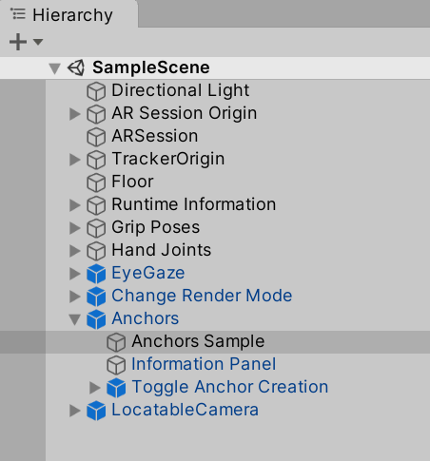 Screenshot of the hierarchy panel open in the Unity Editor with the anchors sample highlighted