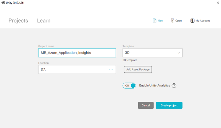 Screenshot della finestra Dei nuovi progetti di Unity, che mostra le informazioni sul progetto.