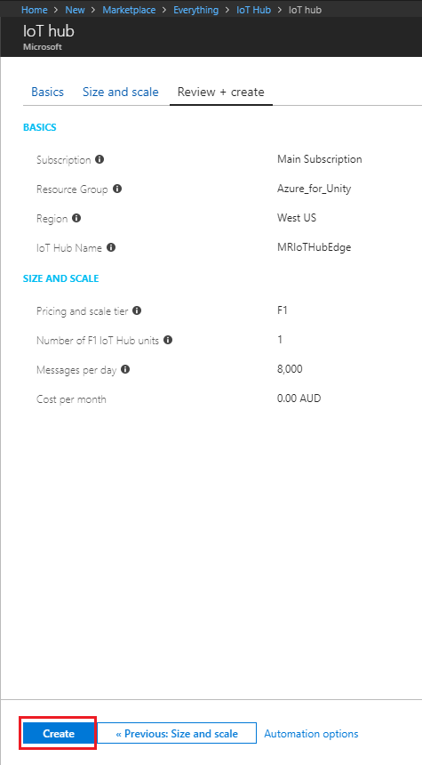Screenshot che mostra la pagina Revisione e creazione dell'hub I O T. Crea è racchiuso in un cerchio rosso nella parte inferiore della pagina.