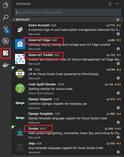 Screenshot che mostra la finestra delle estensioni. Azure I O T Edge, Azure I O T Toolkit e Docker sono cerchiati in rosso.