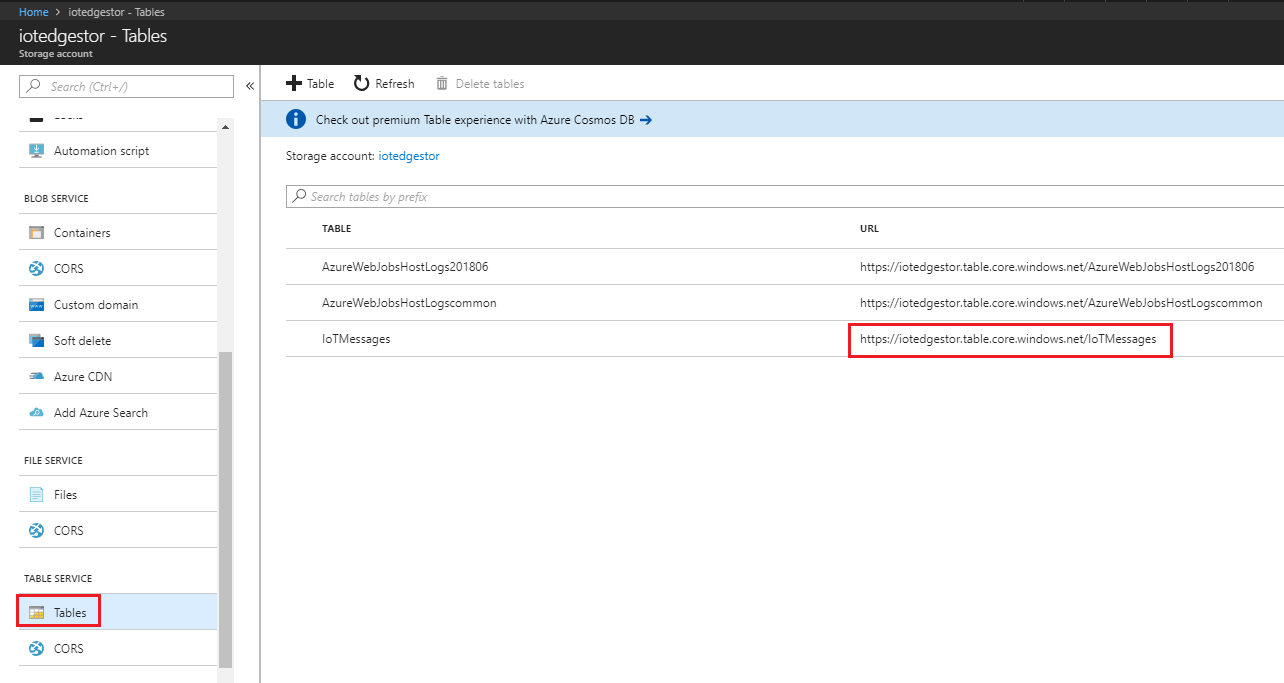 Screenshot che mostra la pagina Tabelle, che si trova in Servizio tabelle. L'U R L per la tabella messaggi I O T è cerchiata in rosso.
