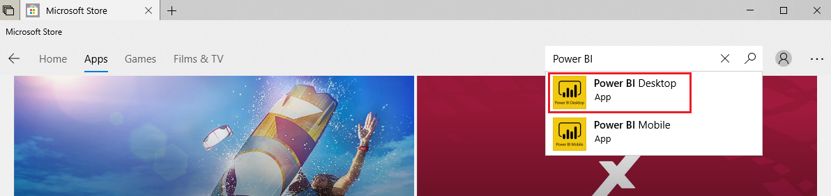 Screenshot che mostra la finestra di Microsoft Store. Power B I viene immesso nella barra di ricerca e Power B I Desktop è cerchiato in rosso.