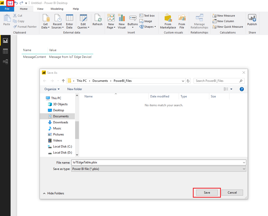 Screenshot che mostra Power B I Desktop. Il disco blu nell'angolo superiore sinistro è cerchiato in rosso. La finestra di dialogo Salva con nome è aperta e il pulsante Salva è cerchiato in rosso.