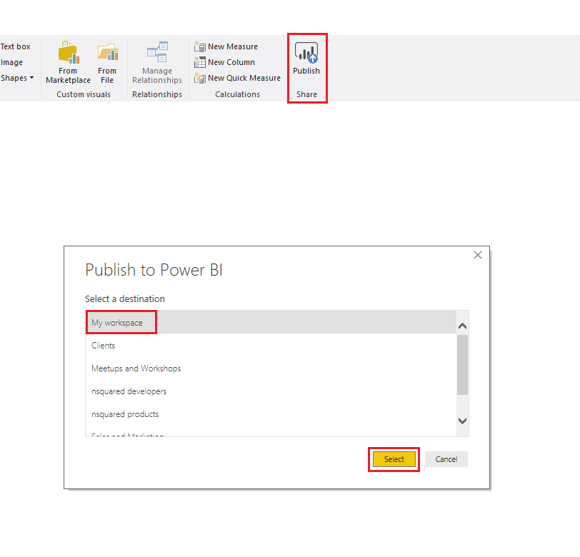 Screenshot che mostra Publish circled in red .screenshot that shows Publish circled in red. Nella finestra di dialogo Pubblica in Power B I l'area di lavoro personale è selezionata in Selezionare una destinazione.