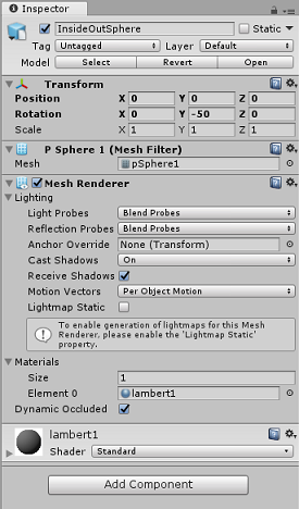 Screenshot della schermata Inspector aperta per Inside Out Sphere.