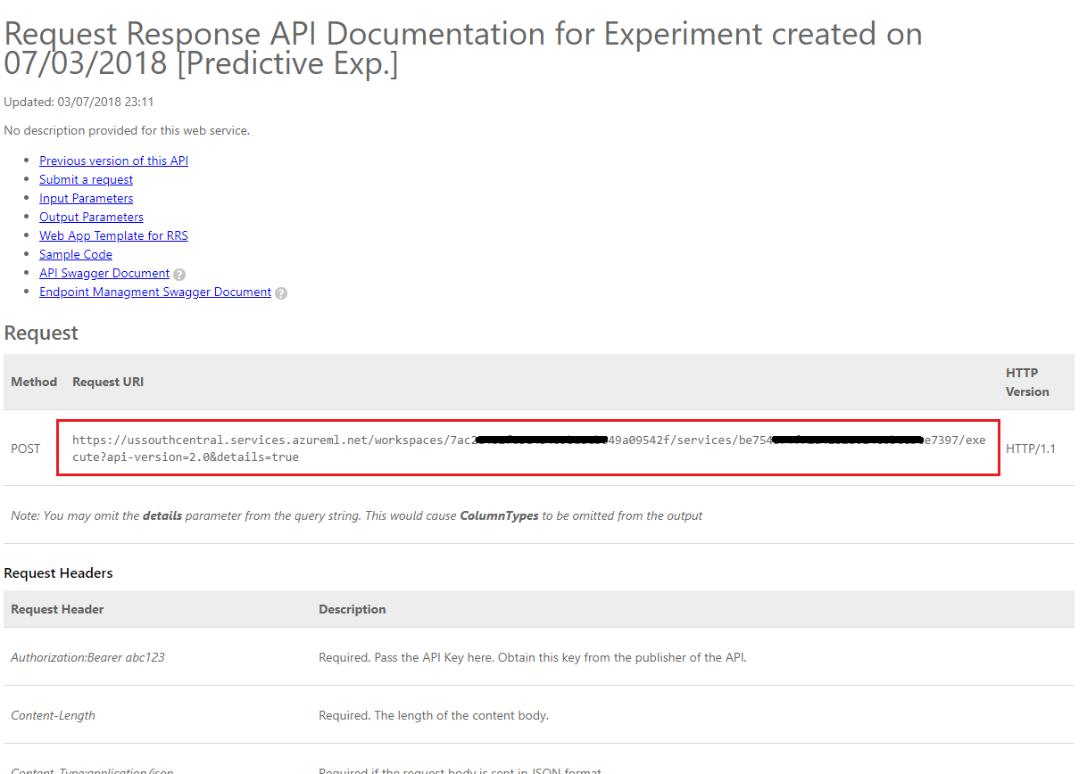 Screenshot della pagina Request Response A P I Documentation (Richiesta di risposta A P I), che mostra l'opzione Request U R I evidenziata.