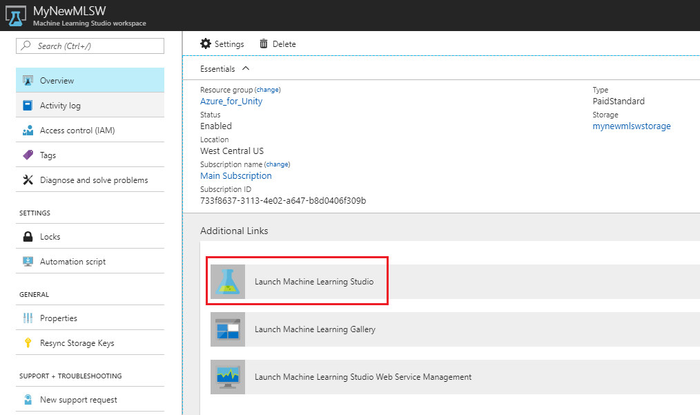 Screenshot della finestra di Microsoft Azure, che mostra il collegamento Avvia Machine Learning Studio evidenziato nel riquadro del contenuto.