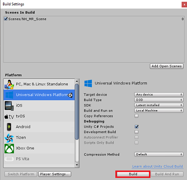 Screenshot che mostra la finestra Build Settings con il pulsante 'Build' evidenziato in basso a destra.