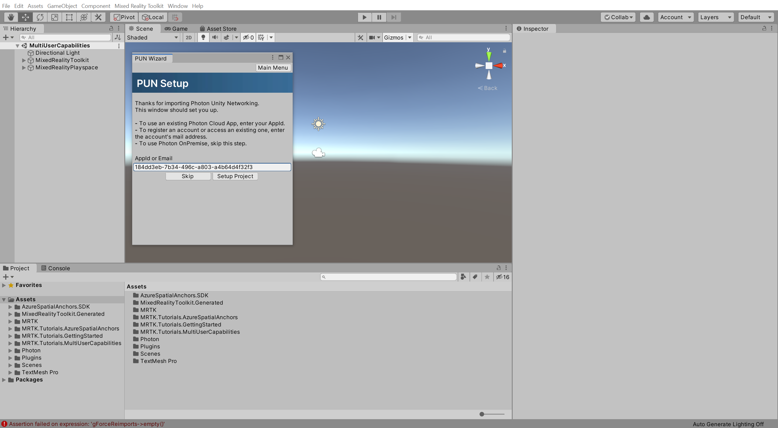 Finestra PUN Setup di Unity con AppId compilato