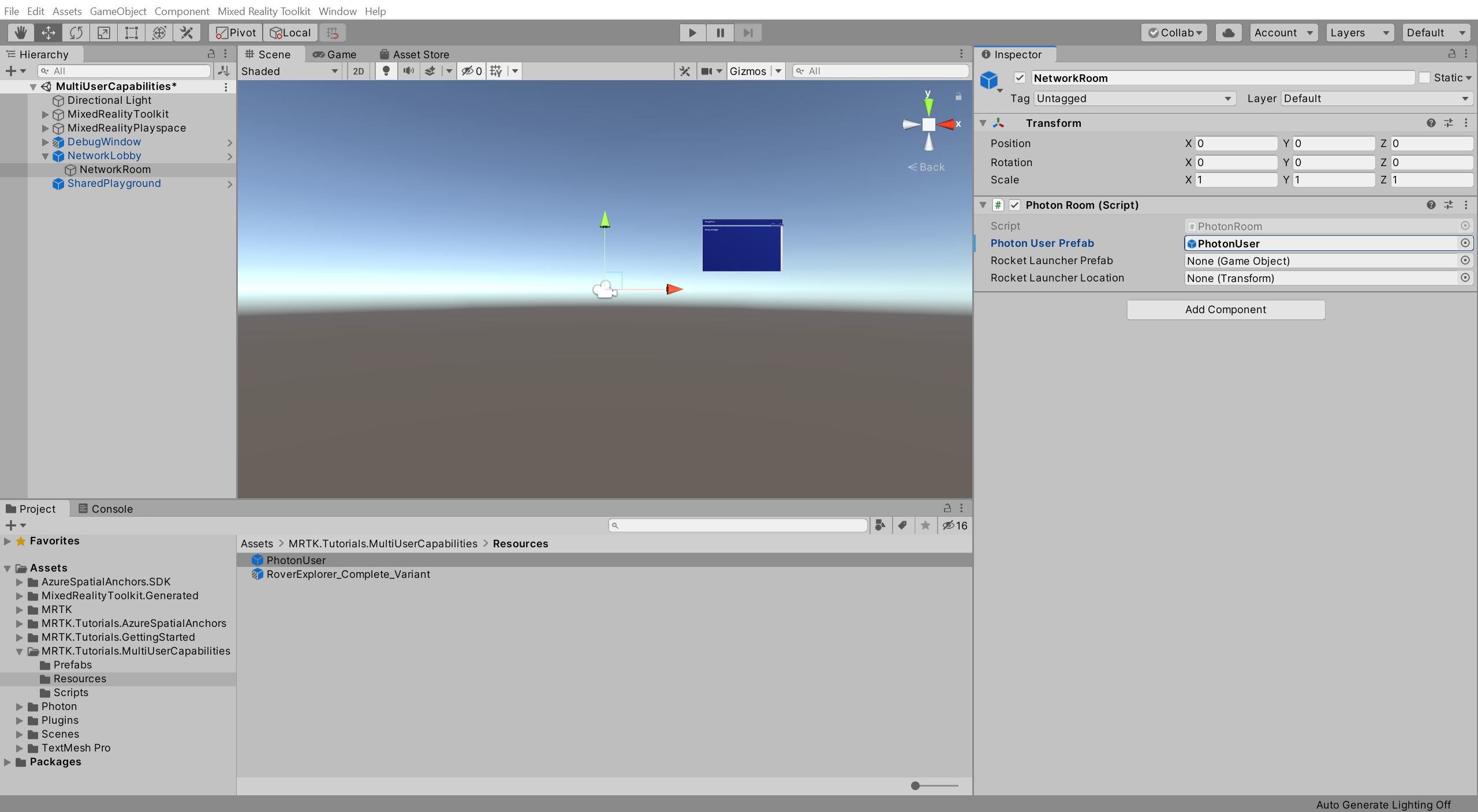 Unity con il componente Photon Room parzialmente configurato