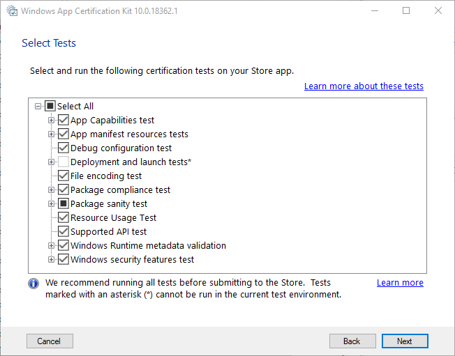 Screenshot della selezione di test nel Kit di certificazione app Windows
