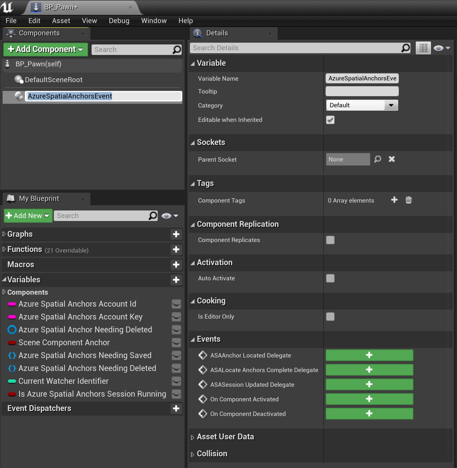 Screenshot di BP_Pawn aperto nell'editor di progetto con i componenti e i riquadri dei dettagli aperti