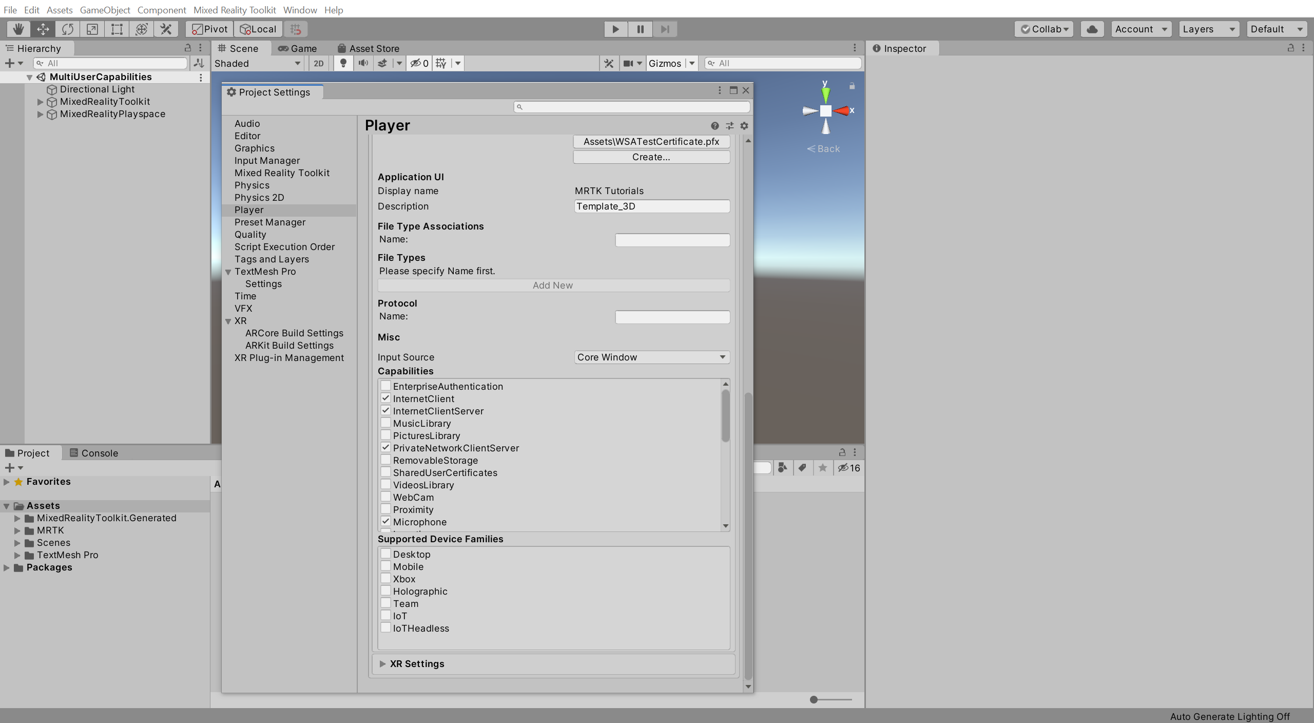 Impostazione delle funzionalità di Unity